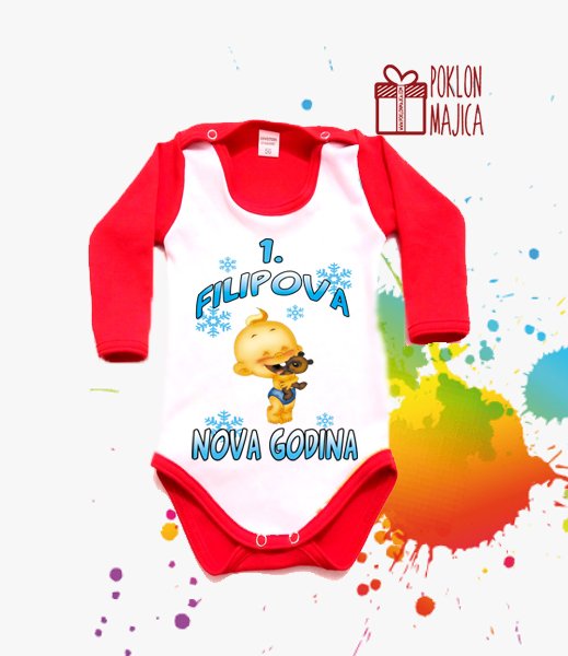 Poklon za rodjendan  deca/Bodi za bebe sa natpisom po zelji/filipova prva nova godina crven bodi.jpg
